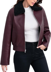 Chaqueta Bomber de Cuero Genuino para Mujer con Ribete de Piel, Cierre de Cremallera, Color Sólido, Estilo Invernal, Manga Larga - Product Image 3