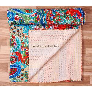 Couvre-lit Kantha imprimé paisley fait main, moderne et tendance, écologique, toutes saisons, double taille, 100% coton biologique - Product Image 3