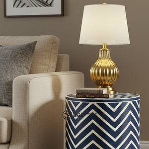 โต๊ะข้างเตียงทรงเชฟรอนฝังกระดูกสีน้ำเงินสไตล์โมเดิร์น งานแฮนด์เมด เฟอร์นิเจอร์ห้องนอนสุดหรู โต๊ะไม้ทรงกลมสำหรับห้องนั่งเล่น - Product Image 4