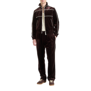 Ensemble de survêtement en velours marron foncé pour homme, 2 pièces, fermeture éclair intégrale, couleur unie, décontracté, avec poches latérales, coupe classique, pour l'automne - Product Image 1