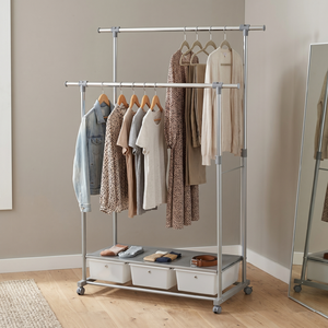 Modern Metal <b>Double</b> Rod Clothing Rack With Storage <b>Bins</b> And Wheels For Bedroom Use - Product Image 2