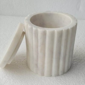 white marble fluted storage <b>jar</b> airtight canister natural stone kitchen container tea coffee sugar <b>spice</b> <b>jar</b> countertop organize - Product Image 1