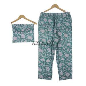 Ensemble de pyjama pour femmes en coton imprimé numérique à fleurs, 100% coton, taille élastique, manches longues, style vintage, fabrication artisanale indienne - Product Image 2