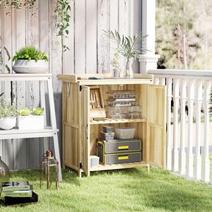 Armadio da Esterno in Legno Naturale per Attrezzi da Giardino con Ripiano in Metallo, Banco da Lavoro in Legno con 2 Ante - Product Image 2