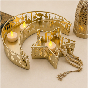 <b>Gold</b> Metal Ramadan <b>Serving</b> <b>Tray</b> Set Moon and Star Shaped Hollow Out Iron Food Platter Islamic Eid Mubarak Table Decoration Party - Product Image 4