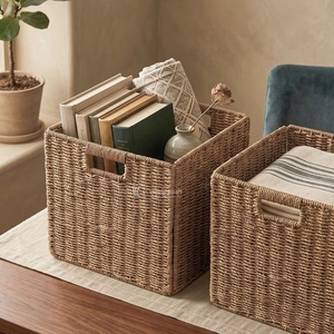 Set of 2 Modern Hand-Woven Seagrass <b>Wicker</b> Square <b>Storage</b> Baskets Foldable <b>Cube</b> Organizer for Shelves Toilet Paper & Home Decor - Product Image 2