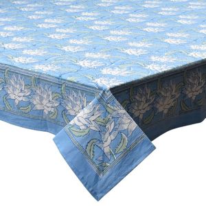 Nuevo mantel de algodón estampado a mano con motivos de loto japonés en color azul Gud, elegante, de 150x220 cm, de la fábrica india Roopantaran. - Product Image 3