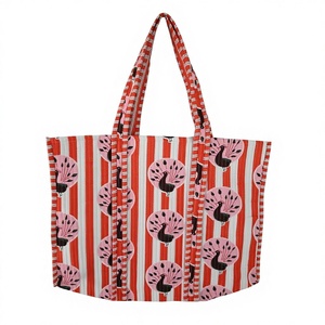 Orange Striped <b>Peacock</b> Print Cotton Tote <b>Bag</b> Large Capacity Reusable Shopping <b>Bag</b> Eco Friendly Women Shoulder Handbag - Product Image 2