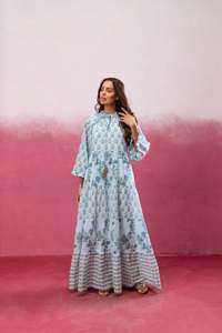 Women Floral Printed Floor-Length Bell Sleeve Boho Cotton <b>Loose</b> Fit Tie Neck Eco-Friendly Tassel Casual Summer <b>Dress</b> - Product Image 2