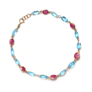 Natural <b>Red</b> Ruby and Swiss Blue Topaz Station <b>Bracelet</b> in Solid 18K Yellow Gold Marquise Gemstone Luxury Fine Jewelry - Product Image 1