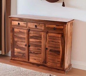 Grand meuble à chaussures en bois massif |   Organisateur d'entrée à 3 portes avec persiennes et tiroirs |   Meubles en bois en gros - Product Image 4