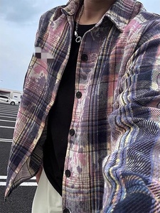 Chemise décontractée vintage oversize à carreaux tie-dye pour homme, respirante en polyester, printemps-automne, boutonnée, style designer - Product Image 1