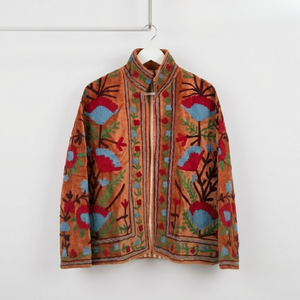 เสื้อแจ็คเก็ตกำมะหยี่สีน้ำตาลปักลายดอกไม้สีแดงเทอร์ควอยซ์  คอตั้ง  ซับในผ้าฝ้าย  มีกระเป๋าข้าง  เสื้อคลุมสำหรับผู้หญิง - Product Image 3