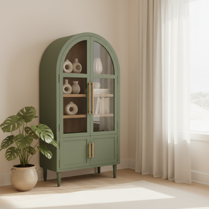 Meuble de salon moderne en bois d'hévéa et placage de chêne, armoire arquée avec 4 compartiments et portes à battants, écologique - Product Image 6