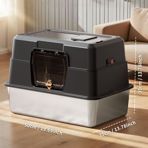 Lettiera per Gatti Chiusa in Acciaio Inossidabile Nero, Adatta agli Animali Domestici, con Bordi Alti per Prevenire lo Spargimento - Product Image 1