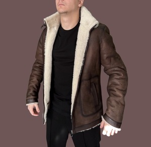 Genuine <b>Sheepskin</b> Bomber <b>Jacket</b> <b>Men</b> Classic Aviator Style Waterproof Breathable Windproof Warm Winter Leather Outerwear Vintage - Product Image 2