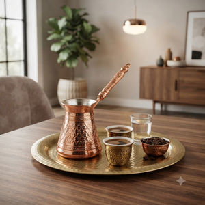 หม้อกาแฟทองแดงสลักลายเพชรแบบตุรกี ซีซ์เว อิบริกแบบอาหรับ บริกิแบบกรีก พร้อมที่อุ่นนมสำหรับเตาแก๊ส ด้ามจับทองแดงตกแต่งอย่างสวยงาม - Product Image 4