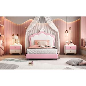 Letto a piattaforma singolo bianco e rosa con testiera e pediera a corona, letto imbottito per bambini stile principessa - Product Image 3