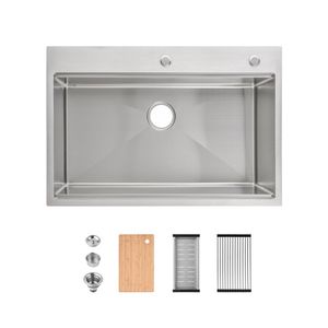 Fatto a mano 33 \ "x22 \" singolo ciotola in acciaio inox lavello da cucina Overmount con finitura spazzolata include tagliere scolapasta - Product Image 1