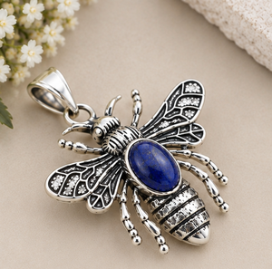 Lapis Lazuli <b>Bee</b> Pendant, 925 Sterling Silver Insect Pendant, Blue Gemstone Jewelry, Detailed Winged <b>Bee</b> Statement Pendant, - Product Image 1