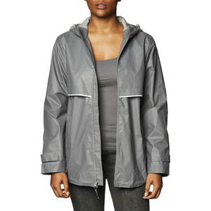 Veste de randonnée imperméable grise pour femme, à capuche, manches longues, coupe classique, longueur normale, fermeture éclair, décoration à lignes brillantes - Product Image 1