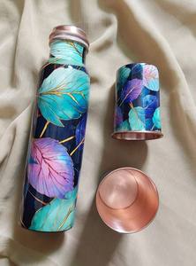 Leaf Printed Copper Water <b>Bottle</b> with Glass Designer Ayurvedic Drinking <b>Bottle</b> Reusable Copper <b>Flask</b> Set - Product Image 6