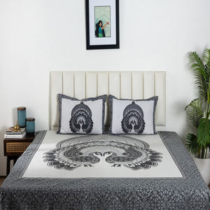 <b>Black</b> & White Peacock Printed Flat Cotton Bedsheet <b>Set</b> Double <b>Bed</b> Bedding 2 Pillow Covers Hotel & Home Style Wholesale Price - Product Image 1