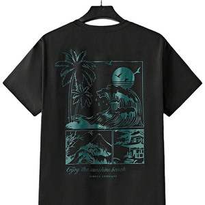 Ensemble T-shirt imprimé noir pour homme avec short turquoise – Tenue décontractée d'été en coton tricoté respirant à col ras du cou - Product Image 3