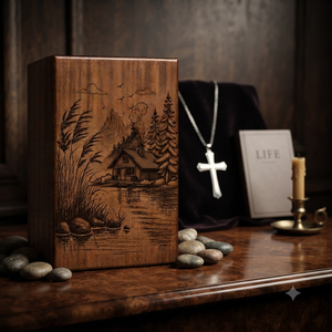 Urna de Madera Conmemorativa, Caja para Guardar Cenizas, Diseño de Bosque de Pinos y Lago, para Recuerdo - Product Image 1