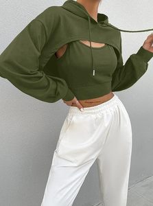 Sudadera con capucha corta verde oliva con detalle recortado, hombros caídos, manga larga, color sólido, informal, para otoño, para mujer - Product Image 4