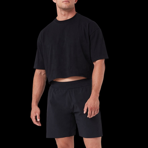 High Quality Custom Boxy Cropped T-<b>Shirt</b> for <b>Men</b> Short Sleeve Cotton Plain <b>Black</b> Knitted Fabric Cut and Sew Blank Design - Product Image 1