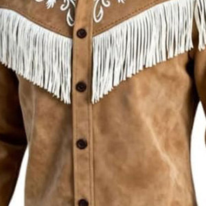 <b>Men's</b> <b>Suede</b> Western Shirt <b>Jacket</b> With White Fringe And Embroidery Turn-down Collar Regular Fit Winter Style - Product Image 2