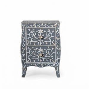 Table de chevet noire en os incrusté, motif floral, 2 tiroirs, table de nuit pour chambre à coucher, table d'appoint personnalisée en nacre, vente en gros - Product Image 2