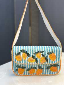 Bolso Rectangular Lavable de Poliéster Bordado a Mano ALI FASHION ART con Diseño de Rayas Azules y Frutas Naranjas, Artesanía Textil - Product Image 2
