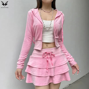 ชุดลำลอง 2 ชิ้น สีชมพูอ่อน คุณภาพดีที่สุด สไตล์ล่าสุด เสื้อฮู้ดดี้และกระโปรงสำหรับผู้หญิง - Product Image 5