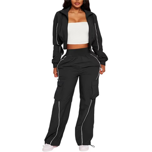 Ensemble de survêtement pour femme, automne, respirant, léger, col montant, patchwork, logo sur le devant, haut court à manches courtes, pantalon long - Product Image 4