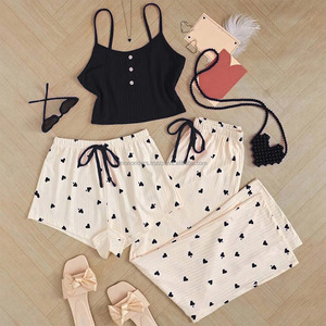 3pcs Set Simple Fashion Woman's Sexy Spaghetti Strap Floral Pattern Soft Spandex/Cotton Shorts Pajamas Breathable Knitted - Product Image 2