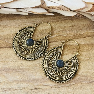 Pendientes Geométricos Bohemios de Labradorita de Venta Caliente, Joyería Tribal de Aro de Latón para Mujer, Acabado de Latón Antiguo, Mandala Étnico al por Mayor - Product Image 2