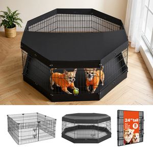 24-Inch 8-Panel Dog Playpen with Top <b>Cover</b> Bottom Pad Foldable Heavy Duty Metal Pet <b>Fence</b> - Product Image 1