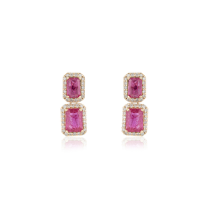 Pendientes de Halo de Lujo para Mujer con Rubíes y Diamantes 100% Genuinos, Oro Amarillo Real K14, Regalo de Aniversario, Joyería Hecha a Mano al por Mayor - Product Image 1