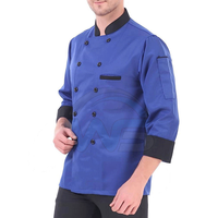 Veste de chef professionnelle à manches longues, double boutonnage, avec fermeture à boutons et col montant, unisexe, en coton bleu