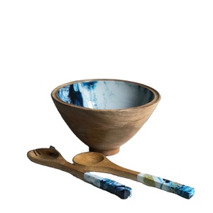 Tazón de Madera de Mango con Impresión Personalizada, Tazón de Ensalada de Esmalte Sólido con Cuchara para Frutas, Juego de Tazones con Servidores - Product Image 1