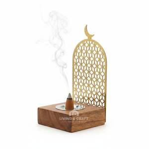 Porte-encens en bois artisanal avec arche métallique, brûleur d'oud arabe Mabkhara pour la décoration de la maison pendant le Ramadan et l'Aïd - Product Image 1