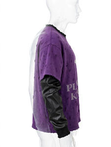 Wholesale Custom Deep Purple Distressed Rhinestone Graphic Cross Double Layer Sleeve Streetwear Leather Sleeves Heavyweight - Product Image 3