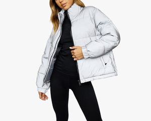 Hooded Collar <b>Women's</b> Winter Long Sleeve Stand Collar Metallic <b>Silver</b> Winter Coat Thick Woven Polyester Zipper Short Length - Product Image 3