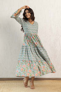 Robe longue à imprimé floral, col en V, coupe trapèze, manches lanternes, style bohème, tissu tissé respirant, robe décontractée de printemps pour femme - Product Image 2