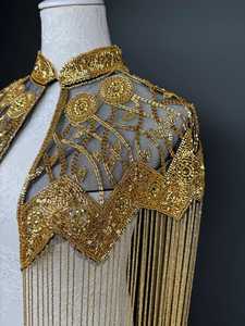 COTTON COUTURE Golden Polyester Beaded Shoulder <b>Cape</b> with Tassel Fringe Embellishment for Elegant Party Wear <b>Wedding</b> - Product Image 2