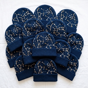 Bonnet tricoté Constellation bleu marine avec revers, motif carte des étoiles, chaud pour l'hiver, vente en gros, directement de l'usine, fabricant de couvre-chefs - Product Image 1