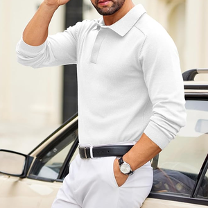 Pull polo en tricot à manches longues pour homme, couleur unie, fermeture boutonnée, blanc, pull décontracté pour le printemps - Product Image 1