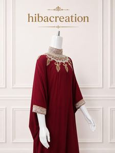 Hibacreation Burgundy Embroidered Silk Abaya Kaftan <b>Dress</b> High Neck <b>Gold</b> Trim Wide Sleeve Flower Theme <b>Party</b> Robe - Product Image 2